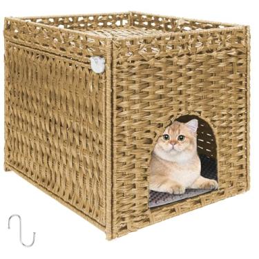 Imagem de Caixa de areia para gatos Gabinete oculto para móveis - Casa de animal de estimação de vime tecida à mão com 2 tapetes removíveis - Design grande dobrável para privacidade - Serve para sala de estar