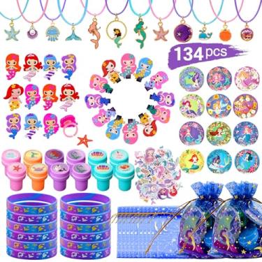 Imagem de U-PTYTM 134 Peças De Lembrancinhas Festa Sereia, Decorações Aniversário Para Meninas, Suprimentos Incluem 12 Pulseiras, Colares, Grampos Cabelo, Anéis, Carimbos, Alfinetes Botão, Sacola Presente, 50