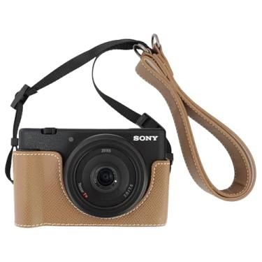 Imagem de VOVMOEYA Meia capa para câmera Sony ZV-1M2/ZV-1F, kit de gaiola de câmera de couro PU com alça de câmera - ZV1M2/ZV1F, Cáqui, Formal/profissional