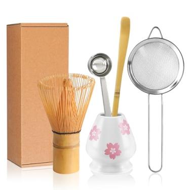Imagem de YIBO Conjunto de batedor Matcha, kit de fabricação matcha batedor de bambu (Chasen), suporte de batedor de cerâmica branca, peneira, colher utensílios de chá japoneses para presente de cerimônia