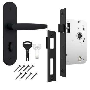 Imagem de Kit 1 Fechadura Maçaneta Residencial Completa Stam Preto Fosco Porta Madeira Banheiro 824/33 Chave Fixa WC Caixa 40mm