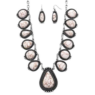 Imagem de Rosemarie & Jubalee Conjunto de colar e brincos de pedra howlita semipreciosa tingida natural estilo boêmia ocidental, 68,5-76,2 cm com extensor de 7,6 cm, Metal, Howlite tingida