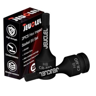 Imagem de JEUCLEL 2 peças de soquete hexagonal de 8 mm, soquete Allen de acionamento de impacto H8 de 1/2 polegada, adaptador de chave de fenda sextavada de aço Cr-Mo para chaves catracas elétricas parafusos de