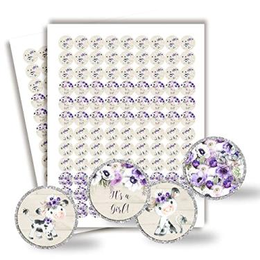 Imagem de Etiquetas adesivas de beijo de chá de bebê em aquarela roxa de vaca, 300 adesivos circulares de festa tamanho 1,9 cm para beijos de gotas de chocolate por Amanda Creation, ótimo para lembranças, guloseimas, selos de envelope e sacos de brindes