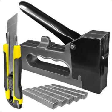 Imagem de Grampeador Tapeceiro Alta Pressão Com Kit Grampos 6mm e Estilete Largo