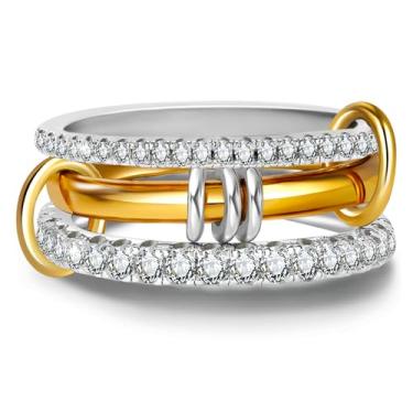 Imagem de COOSLIM Anéis empilháveis de ouro para mulheres que não mancham, delicados empilháveis banhados a ouro 18 k CZ zircônia cúbica, conjunto de anéis femininos com junta de ouro, 7, Cobre banhado a ouro,