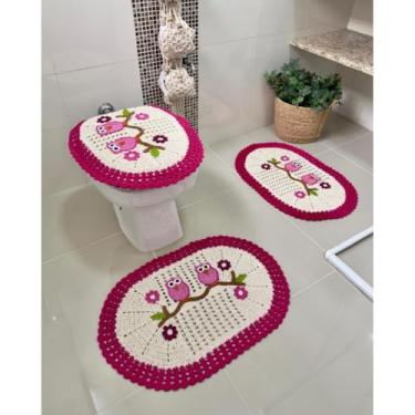 Imagem de Jogo De Banheiro Em Crochê 3 Peças Corujinha Artesanal (Pink)