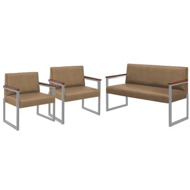 Imagem de Conjunto Sofá 2 Lugares E 2 Poltronas Niterói Couro Bege Em Metal Champanhe