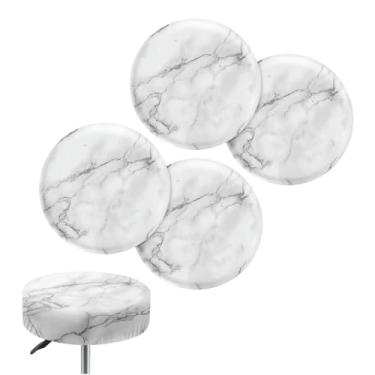 Imagem de Fiqyvagox Pacote com 4 capas de assento de cadeira circulares antiderrapantes com estampa de mármore, cinza, branco, resistente a manchas, 35,5 a 40,6 cm, de poliéster, respirável, para bancos de