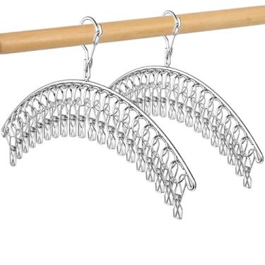 Imagem de Kit 2 Rack de secagem de roupas de aço inoxidável com gancho à prova de vento, com 20 clipes, cabide de roupas íntimas, cabides para secar meias, fraldas, roupas de bebê