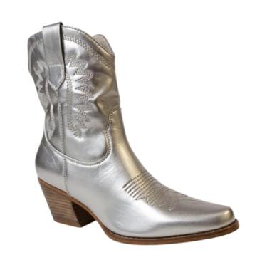 Imagem de ABSOLEX Botas femininas de cano curto caubói caubói de salto baixo bico fino, Prata, 36