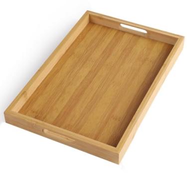 Imagem de RT&BS Bandeja retangular de bambu, bandeja de servir de bambu com alça - para alimentos, bebidas, decoração, penteadeira na cozinha, banheiro, mesa de café, cama