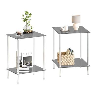 Imagem de Conjunto de 2 mesas laterais de vidro temperado com 2 mesas de canto de acrílico com 2 prateleiras de armazenamento transparentes de cabeceira simples de 2 camadas para pequenos espaços, escritório