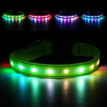 Imagem de Coleira de cachorro de LED, coleira iluminada, recarregável por USB – Luzes mais brilhantes para caminhadas noturnas, 6 modos de luz, ajustável para segurança do cão (grande, verde neon)