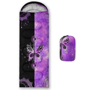 Imagem de Smell Sunshine Saco de dormir infantil para meninos e meninas, estampa de borboleta preta e roxa, leve, quente, portátil, uso interno, impermeável, resistente ao clima frio, saco de dormir para