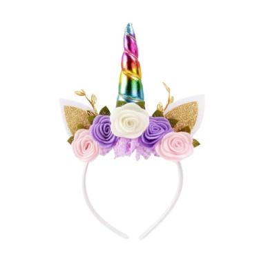Imagem de Nishine Tiara De Unicórnio Com Flores Tecido Não Tecido, Orelhas Gato, Pônei, Glitter, Chifre Para Cosplay, Suprimentos Festa (Arco-Íris)