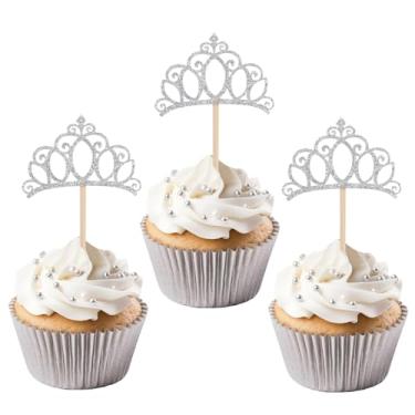 Imagem de 24 Peças Topos de Cupcake Coroa, Decorações Bolo com Tema Princesa e Rainha da Neve com Glitter Prateado para Meninas Aniversário Chá de Bebé Artigos para Festas Casamento