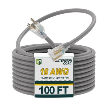 Imagem de EP Cabo de extensão resistente SJEOW de 100 pés 16/3, cabo de alimentação cinza com plugue iluminado por LED e plugue aterrado de 3 pinos, resistente à água para uso interno/externo, gramado, jardim