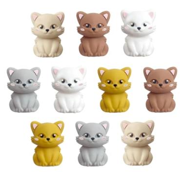 Imagem de AELUUAKE 10 peças de contas 3D de silicone para gatos, personagens de gatos, contas focais, pingentes de borracha animal 3D, artesanato, contas espaçadoras soltas a granel para canetas, chaveiros