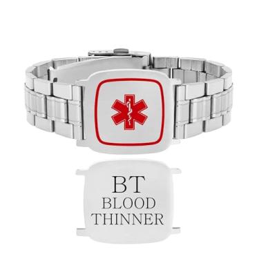 Imagem de Uloveido Pulseira masculina larga de aço inoxidável para identificação médica – Gravação personalizada com fecho dobrável e símbolo de alerta médico de caduceu vermelho, Medium, Aço inoxidável, Sem