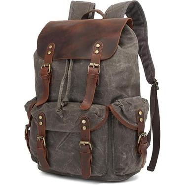 Imagem de Computador Mochila De Couro De Lona Encerada Mochila De Ombro Vintage Montanhismo Bolsa De Viagem Impermeável Bolsa Altamente Espaçosa De Grandes Dimensões Para Viajar Ao Ar Livre, Gray