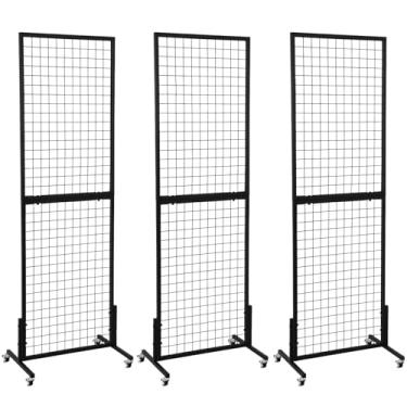 Imagem de OUDUCK 3 pacotes de painéis de parede de grade de 4 x 14 cm, grade de arame, rack de exibição com rodas de base em T, torre de painel de grade independente para shows, preto