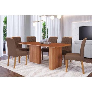 Imagem de Conjunto: Mesa de Cozinha Ester Tampo Madeirado 180x90cm e 6 Cadeiras Juliana Cinamomo - Carvalho/Suede Joli Capuccino - Cimol