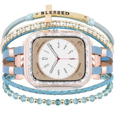 Imagem de Pulseira e capa Boho compatível com relógio Apple 40 mm, 44 mm, 45 mm, 46 mm, 41 mm, 38 mm e 42 mm(S10), pulseira de couro ajustável feita à mão para Apple Watch séries 10, 9, 8, 7, 6, 5, 4, 3, 2 e 1