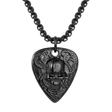 Imagem de Colar de palheta de guitarra de caveira para homens: pingente de palheta musical punk rock de aço inoxidável prata presente para guitarristas