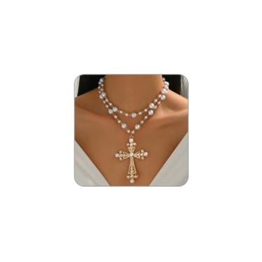 Imagem de Colar feminino com cruz de pérola, gótico, dourado, grosso, grande, cruz, corrente de pérolas, crucifixo grande, pingente para festa punk, Large, Zinco, Pérola