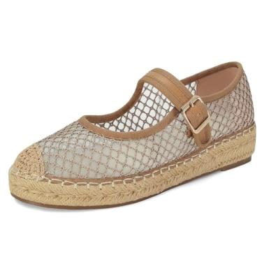 Imagem de Plataforma Mary Jane Sapatilhas femininas de malha confortável tecido ráfia alpargatas rasteiras verão elegante fivela fivela sapatilha bailarina, Malha marrom, 37