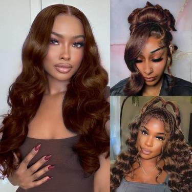 Imagem de Peruca frontal de renda Ruaswey Chocolate Brown Body Wave 20"