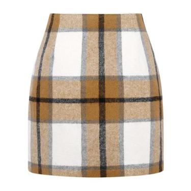 Imagem de Saia feminina Kinghua, xadrez de lã, mini, outono e inverno, cintura a