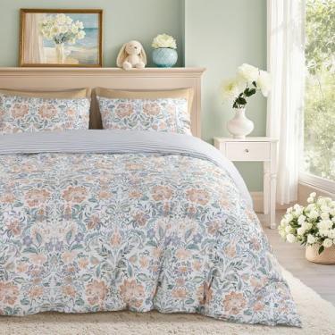 Imagem de Shilucheng Capa de edredom floral 100% algodão king size - 600 fios, capa de edredom respirável e refrescante com fecho de zíper, capas de edredom para cama de hotel 3 peças (marrom e azul)