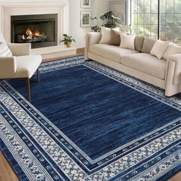 Imagem de GlowSol Tapete de área de 25 x 30 cm, tapete lavável, neutro, moderno, geométrico, macio, fino, grande, tapete antiderrapante para quarto, embaixo da mesa de jantar, escritório, casa de fazenda, azul