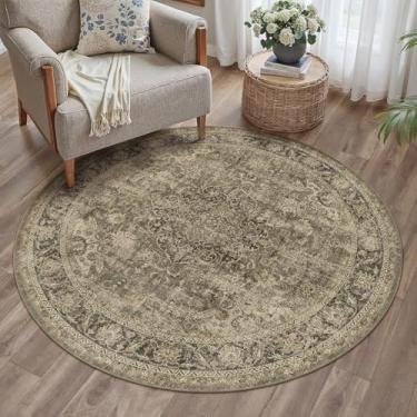 Imagem de WondRg Tapete redondo lavável 10 x 10 cm, marrom, vintage, antiderrapante, antiderrapante, tradicional, círculo, retrô, envelhecido, macio, fino, para entrada, sala de jantar, banheiro