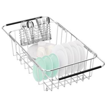 Imagem de Escorredor de pratos na pia ajustável, expansível de aço inoxidável 304 organizador de louças com suporte de utensílios de aço inoxidável sobre o balcão interno da pia, à prova de ferrugem