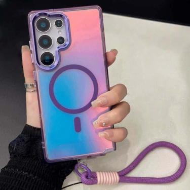 Imagem de Capa com alça de pulso gradiente para Samsung 25 24 Ultra S23 Plus 24 FE A55 A35 A25 A16, capa com carregamento sem fio, roxo escuro, para Samsung S24