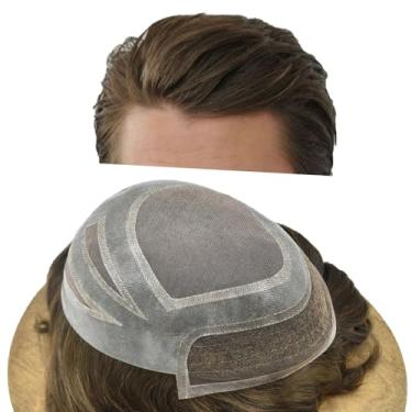 Imagem de Sistema de substituição de peças de cabelo humano peruca masculina respirável de renda francesa peruca masculina pele de poliéster PU ao redor do cabelo remendo para homens (20 x 25 cm, nº 6 marrom