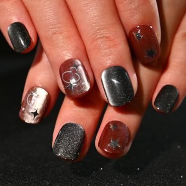 Imagem de Sethexy Squoval Press on Nails Short – marrom, preto, olho de gato, unhas postiças de acrílico design estrela para mulheres, 15 tamanhos – Kit de 30 peças de unhas de gel macio com cola