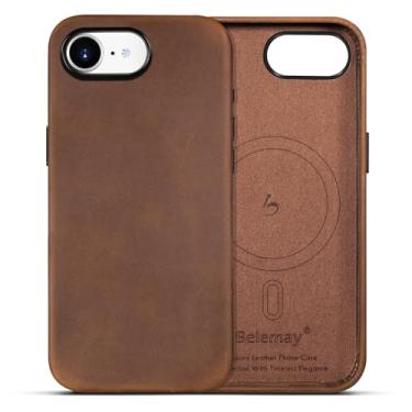 Imagem de Belemay Capa de couro compatível com iPhone 16e, compatível com Magsafe, couro premium Crazy Horse [estética vintage] aderência confortável, pátina exclusiva, capa de botões de metal (6,1 polegadas),