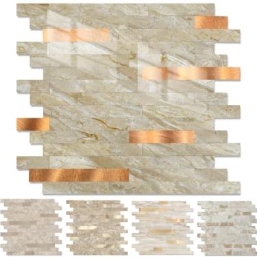 Imagem de Yipscazo 1 folha de revestimento de azulejo de metal de pedra, cole em azulejos para cozinha, banheiro, lavanderia, acampamento, lareira (30 x 30 cm, bege polido)