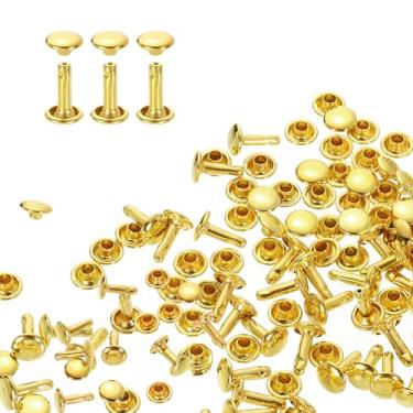 Imagem de HARFINGTON 80 conjuntos de rebites de tampa dupla, 7 x 10 mm, aço carbono, cabeça redonda, parafusos, parafusos tubulares de metal para decoração de artesanato em couro, ouro