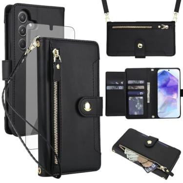 Imagem de Asuwish Capa de celular para Samsung Galaxy A55 5G carteira com zíper, protetor de tela de vidro temperado e alça de pulso transversal, suporte para cartão de crédito com suporte A 55 55A A555G