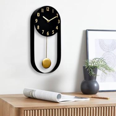 Imagem de EMAX HOME Relógio de parede preto de 20 cm com pêndulo dourado, relógio de parede de metal moderno silencioso, relógio de pêndulo decorativo minimalista para sala de estar, escritório, cozinha