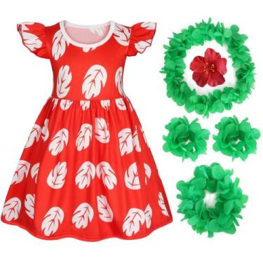Imagem de Vestido havaiano Benylion para meninas Red Leaf de 3 a 4 anos e acessó