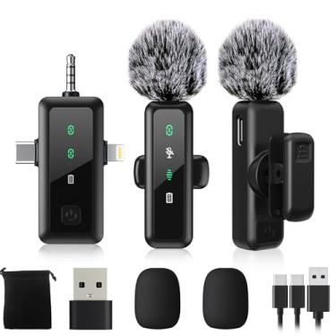 Imagem de Microfones de lapela 3 em 1 sem fio para iPhone/Android/dispositivos de câmera (Lightning/USBC/conector de 3,5 mm), pacote com 2 mini microfones de lapela com visor de LED com