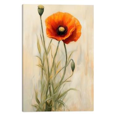 Imagem de MODOJOART Arte de parede em tela floral, papoula laranja com folhas verdes, pintura a óleo, decoração moderna para casa, arte estética, quadro para sala de estar e quarto (obra de arte-01, 40.6 cm x