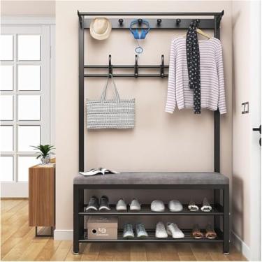 Imagem de Cabide de entrada, banco de sapato, corredor 3 em 1, árvore com sapateira para porta de entrada, guarda-chuva, banco de entrada, prateleira superior de móveis, suporte de moldura de aço carbono (cor