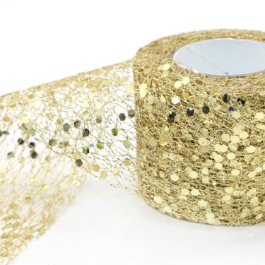 Imagem de Fita de malha brilhante de 10 metros de largura 5 cm de largura de organza metálica brilhante lantejoulas borda de arame decorativo tecido de tule para embrulho de presente árvore de Natal (champanhe)